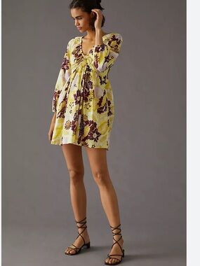 ANTHROPOLOGIE V-Neck Mini Floral Yellow Cropped Sleeve Dress Size Small Like New